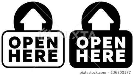 Two black and white open here labels with upward arrows on a white background Two black and white open here labels with upward arrows on a white background 136800177