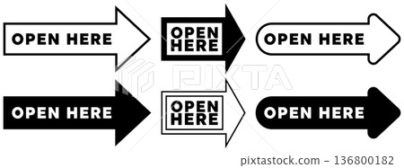 Signs showing open here arrows in different styles for guiding users on package opening Signs showing open here arrows in different styles for guiding users on package opening 136800182