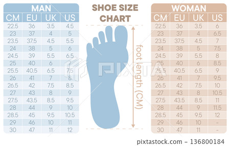 Shoe size chart with foot length diagrams for men and women in CM, EU, UK, and US units Shoe size chart with foot length diagrams for men and women in CM, EU, UK, and US units 136800184