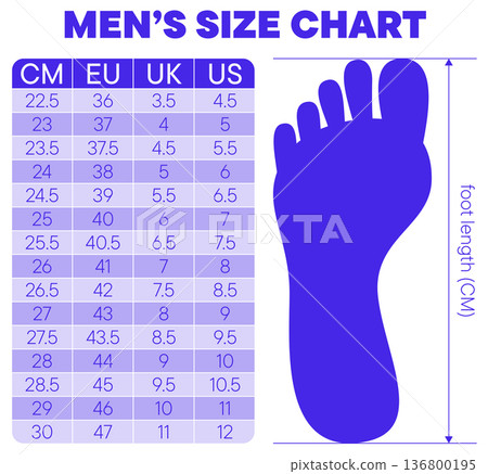 Men's shoe size chart with foot length diagram in CM, EU, UK, and US units for proper fitting Men's shoe size chart with foot length diagram in CM, EU, UK, and US units for proper fitting 136800195