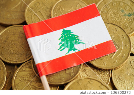 Lebanon flag on coin and banknote money, finance trading investment business currency concept. Lebanon flag on coin and banknote money, finance trading investment business currency concept. 136800273