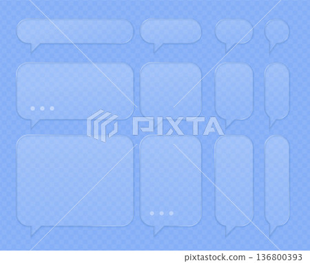 Glassmorphism chat bubbles set with frosted glass speech rectangles on transparent background. Modern glasscore ui elements for messenger interface, notifications, social media comments or quotes. Glassmorphism chat bubbles set with frosted glass speech rectangles on transparent background. Modern glasscore ui elements for messenger interface, notifications, social media comments or quotes. 136800393