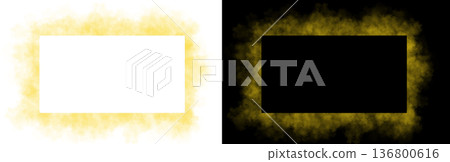 Realistic square yellow smoke frame with soft edges and transparent texture shown on white and black backgrounds for design use 136800616