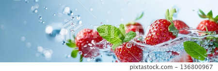 Fresh strawberries splashing in water, summer vibes. 136800967