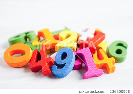 Number wood block cubes for learning Mathematic, education math. 136800968