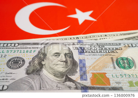 Turkey flag with US dollar banknote, finance banking. Turkey flag with US dollar banknote, finance banking. 136800976