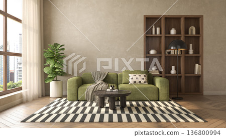Mid century style conceptual dopamine interior room 3d illustration 136800994