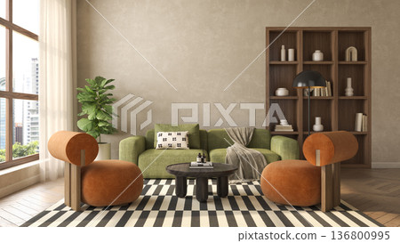 Mid century style conceptual dopamine interior room 3d illustration Mid century style conceptual dopamine interior room 3d illustration 136800995
