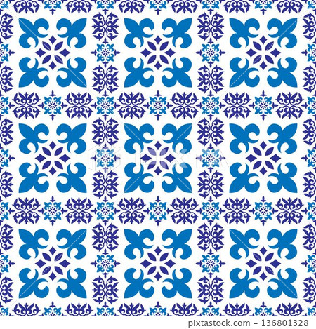 Talavera pattern. Indian patchwork. Azulejos portugal. Turkish ornament. Moroccan tile mosaic. Ceramic tableware, folk print. Spanish pottery. Ethnic background. Mediterranean seamless  wallpaper. 136801328