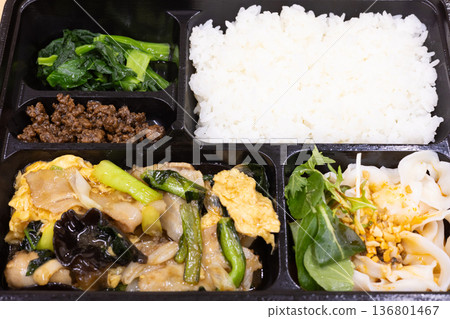 Delicious Chinese bento with fried pork and eggs 136801467