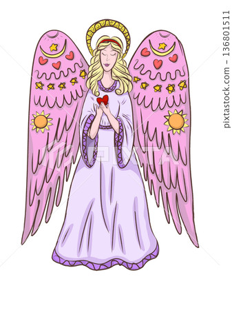 Illustration of a beautiful angel with pink wings and a heart in her hand. Illustration of a beautiful angel with pink wings and a heart in her hand. 136801511