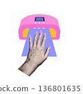 Retro halftone collage of female hand with pink manicure under UV nail lamp. Bright pop art vector illustration for beauty salon branding, nail bar posters, social media or cosmetics advertising. 136801635
