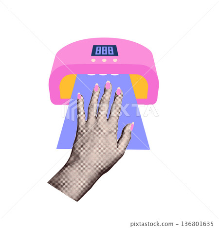 Retro halftone collage of female hand with pink manicure under UV nail lamp. Bright pop art vector illustration for beauty salon branding, nail bar posters, social media or cosmetics advertising. 136801635