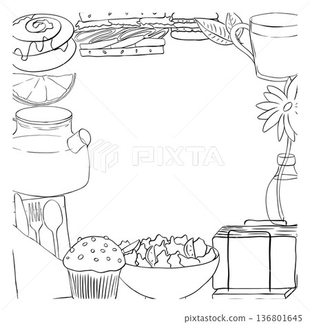 cafe food coffee tea Frame template square Black white Cafe hand drawn illustration. Vector graphic line ink art. Silhouette sign for logo, print, comics, fashion, pop art, boards, decoration, posters 136801645