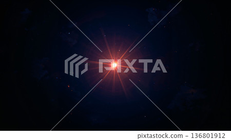 Bright starburst flare in dark cosmic nebula with glowing particles 136801912