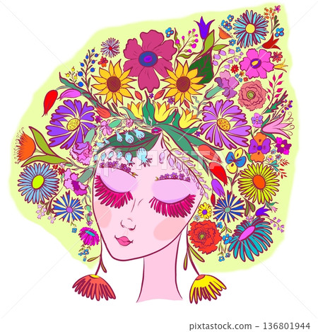 Illustration of a girl's image in spring, portrait.  136801944
