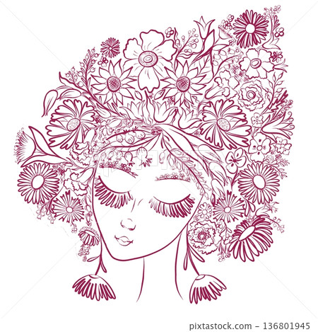 Linear illustration of a portrait of a spring girl association.  136801945