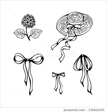 Whimsical Bows, Straw Hat and Flower in doodle style 136802045