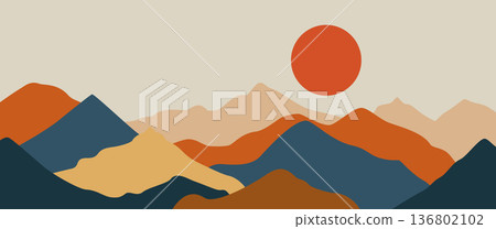 Abstract geometric mountain landscape vector set with zigzag lines dot patterns and sunrise shapes for modern Nordic wall art and minimalist background Abstract geometric mountain landscape vector set with zigzag lines dot patterns and sunrise shapes for modern Nordic wall art and minimalist background 136802102