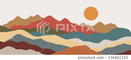 Contemporary abstract mountain landscape vector set with circle sun and wave patterns for Japanese Zen wall art and modern minimalist home decor Contemporary abstract mountain landscape vector set with circle sun and wave patterns for Japanese Zen wall art and modern minimalist home decor 136802103