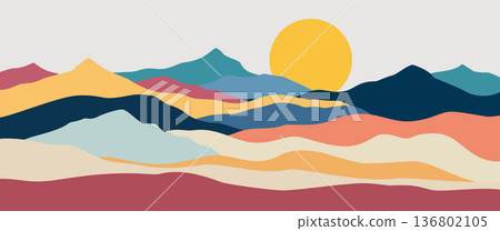 Minimalist abstract mountain landscape vector set with large sun circle and grid patterns for modern wall decor and graphic cover design Minimalist abstract mountain landscape vector set with large sun circle and grid patterns for modern wall decor and graphic cover design 136802105