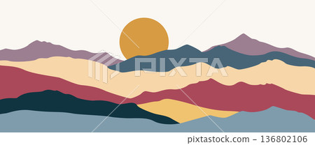 Abstract mountain landscape vector with geometric sun shapes and cloud lines for modern Bauhaus wall art and minimalist background design Abstract mountain landscape vector with geometric sun shapes and cloud lines for modern Bauhaus wall art and minimalist background design 136802106