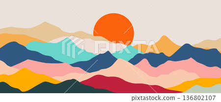 Intricate abstract mountain landscape vector with diverse geometric patterns and sun for premium Boho wall art and luxury minimalist packaging design 136802107