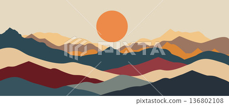 Minimalist abstract mountain landscape vector with flying birds and geometric sun for inspirational wall art and nature travel background design 136802108