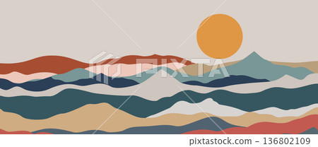 Minimalist abstract mountain landscape vector with stars and geometric sun for celestial wall art and inspirational success background design Minimalist abstract mountain landscape vector with stars and geometric sun for celestial wall art and inspirational success background design 136802109