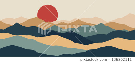 The ultimate abstract mountain landscape panorama vector set with flying birds stars and geometric patterns for website header and modern wall art decor 136802111
