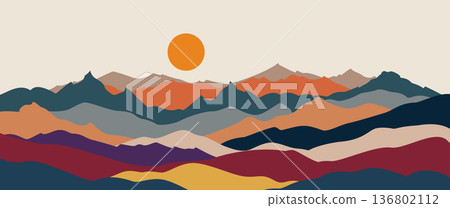 Modern abstract mountain landscape vector illustration with geometric shapes sun and moon for minimal wall art background and cover design 136802112