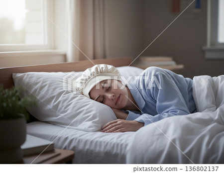 一位女士在家中床上安睡 | 良好睡眠和健康生活方式的象徵 一位女士在家中床上安睡 | 良好睡眠和健康生活方式的象徵 136802137