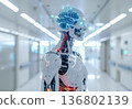 Future medicine and artificial intelligence concept: A humanoid robot walking through a hospital and a glowing artificial brain 136802139