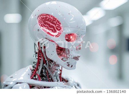 Image of the evolution of artificial intelligence and cyborgs | Humanoid robot with a red glowing brain 136802140