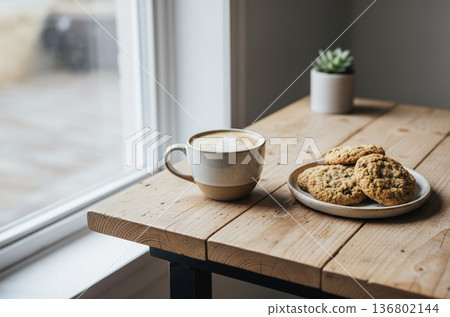Cafe latte and cookies on a wooden table | Cafe time at home by the window Cafe latte and cookies on a wooden table | Cafe time at home by the window 136802144