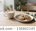 Cafe latte and cookies on a wooden table | Cafe time at home by the window 136802145