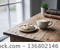 Cafe latte and cookies on a wooden table | Cafe time at home by the window 136802146
