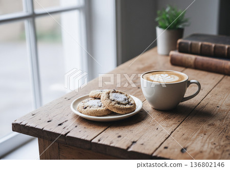 Cafe latte and cookies on a wooden table | Cafe time at home by the window Cafe latte and cookies on a wooden table | Cafe time at home by the window 136802146