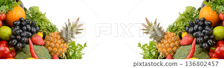 Vibrant Panorama of Fresh Fruits and Vegetables on White Background Vibrant Panorama of Fresh Fruits and Vegetables on White Background 136802457