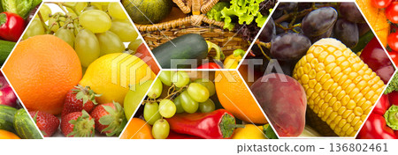 Vibrant Assortment of Seasonal Produce in Hexagonal Pattern Vibrant Assortment of Seasonal Produce in Hexagonal Pattern 136802461