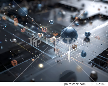 從中心資料球體擴散的數位能量結構 | 抽象CG技術概念材料 136802482