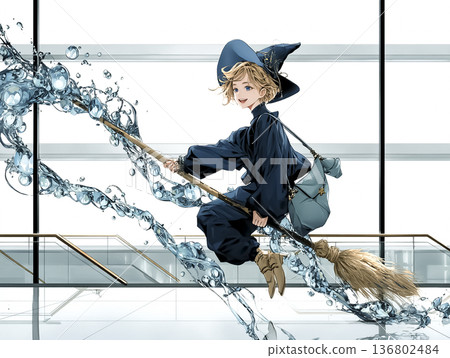 一張微笑的女巫在城市中奔跑的圖片 | 奇幻女孩插畫，飛越建築物林立的城市 136802484