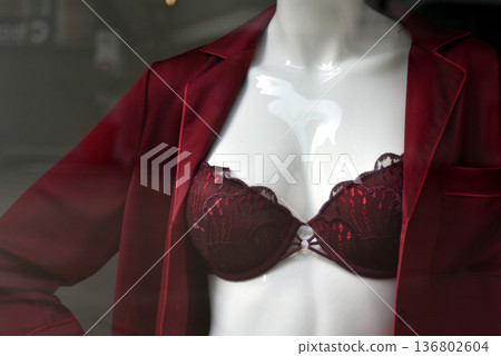 closeup of red bra on mannequin in fashion store showroom for women 136802604