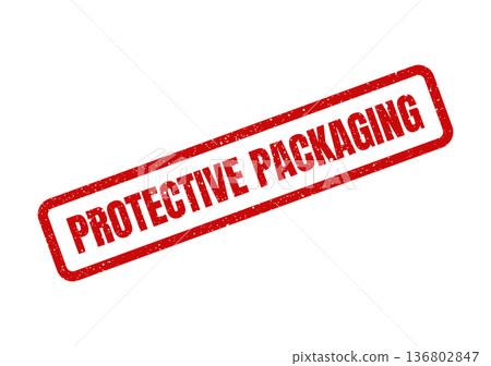 Distressed rectangular stamp effect with PROTECTIVE PACKAGING text, conveying secure item handling Distressed rectangular stamp effect with PROTECTIVE PACKAGING text, conveying secure item handling 136802847