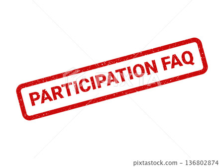 Distressed red rubber stamp impression featuring PARTICIPATION FAQ text with a vintage grunge texture 136802874