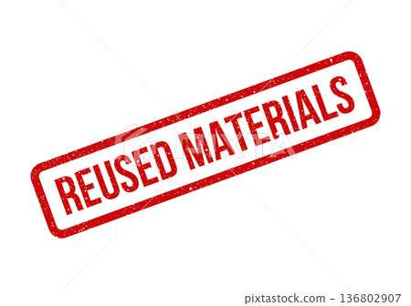Distressed rectangular stamp illustration features reused materials text for sustainability or environmental initiatives 136802907