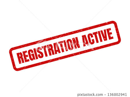 Distressed rectangular stamp with REGISTRATION ACTIVE text, indicating current availability for enrollment or signup 136802941