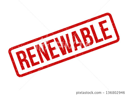 Distressed rectangular stamp with the word Renewable for sustainable energy and environmental initiatives Distressed rectangular stamp with the word Renewable for sustainable energy and environmental initiatives 136802946