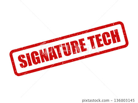 Distressed red rectangular stamp with SIGNATURE TECH text, representing unique and innovative technological solutions 136803145