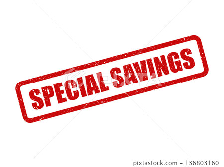 Distressed red rubber stamp clearly showing the SPECIAL SAVINGS message, ideal for promotional marketing material and retail sales 136803160